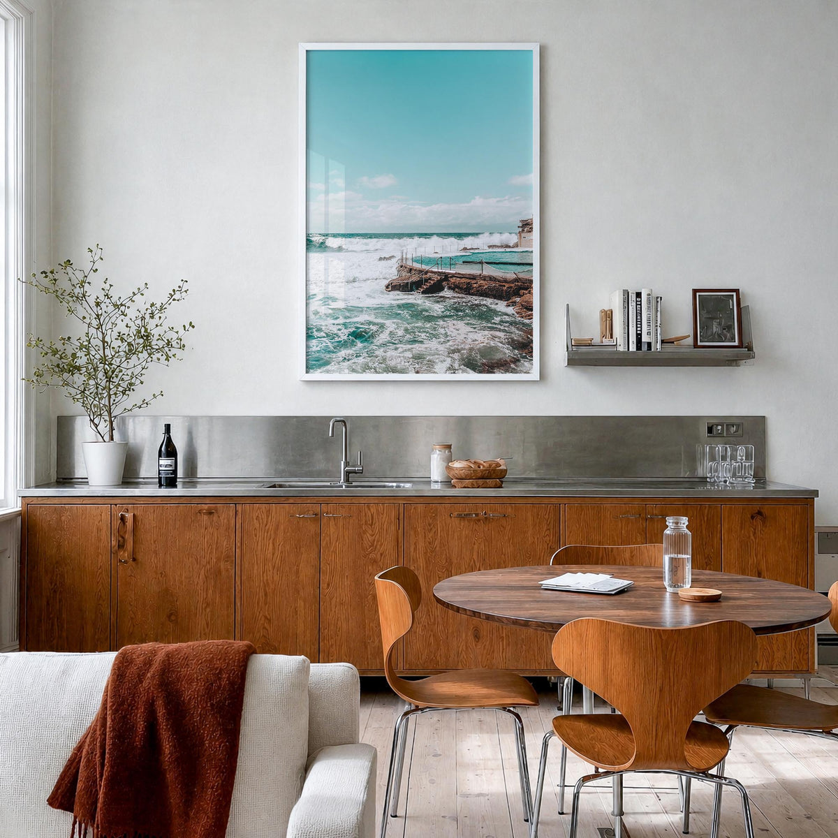 Bronte Beach colorful photo poster of Australia – vertical wall art in white wood frame, hanging on wall