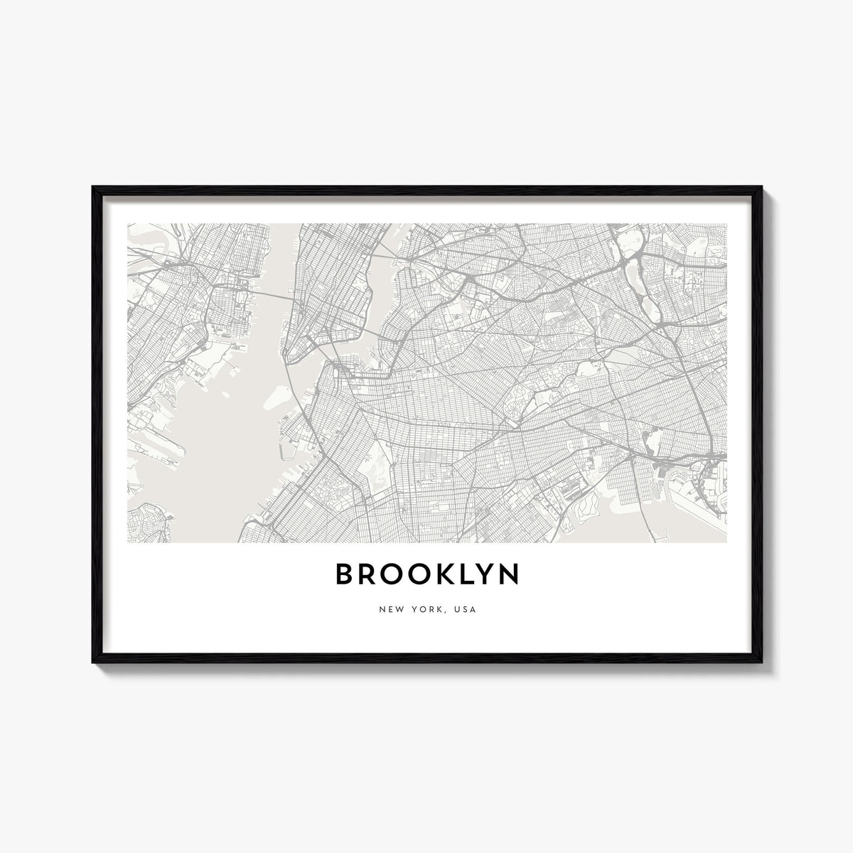 Brooklyn black & white map poster of New York City, New York – horizontal wall art, unframed print shown in interior mockup
