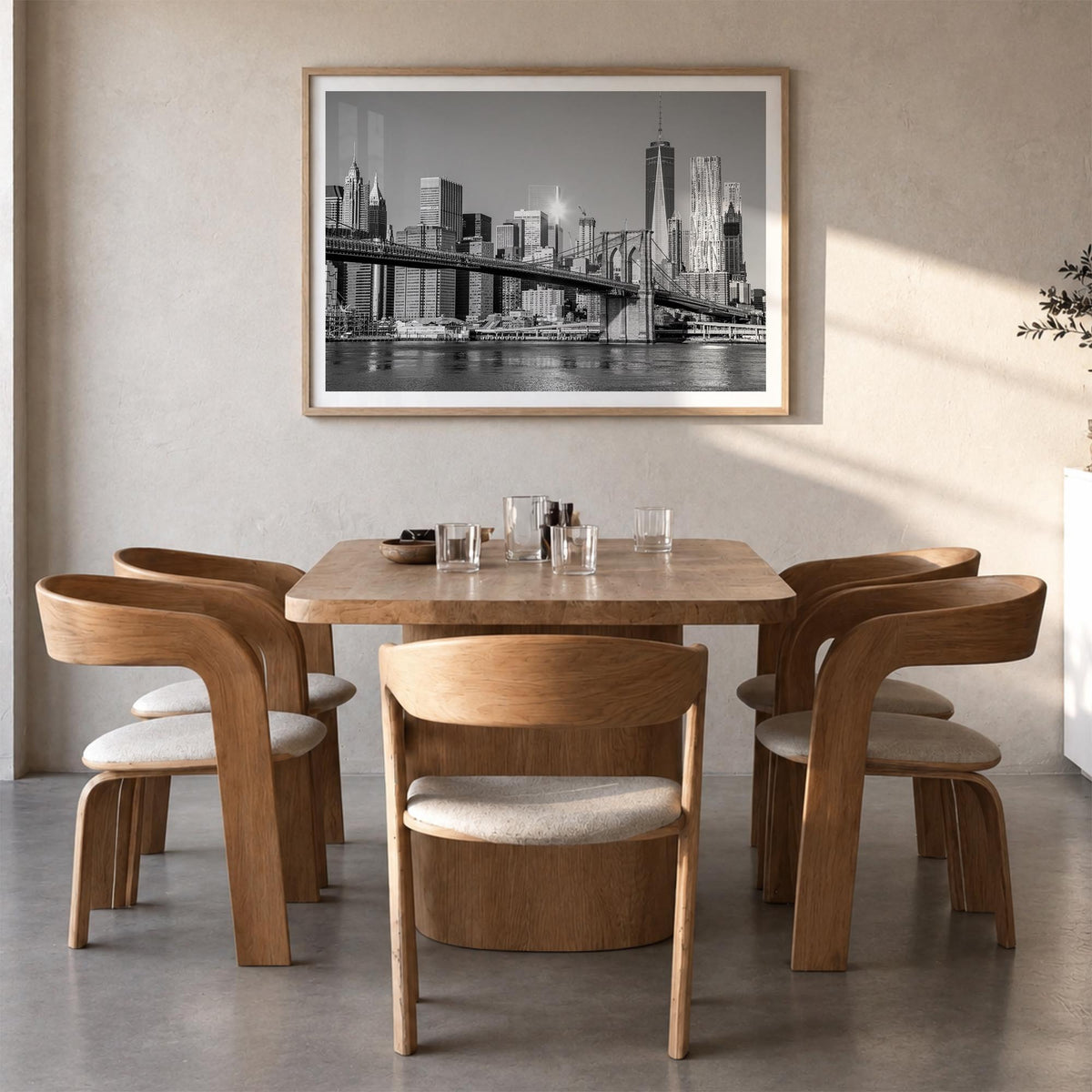 Brooklyn black & white photo poster of New York City, New York – horizontal wall art in natural wood frame with white border,