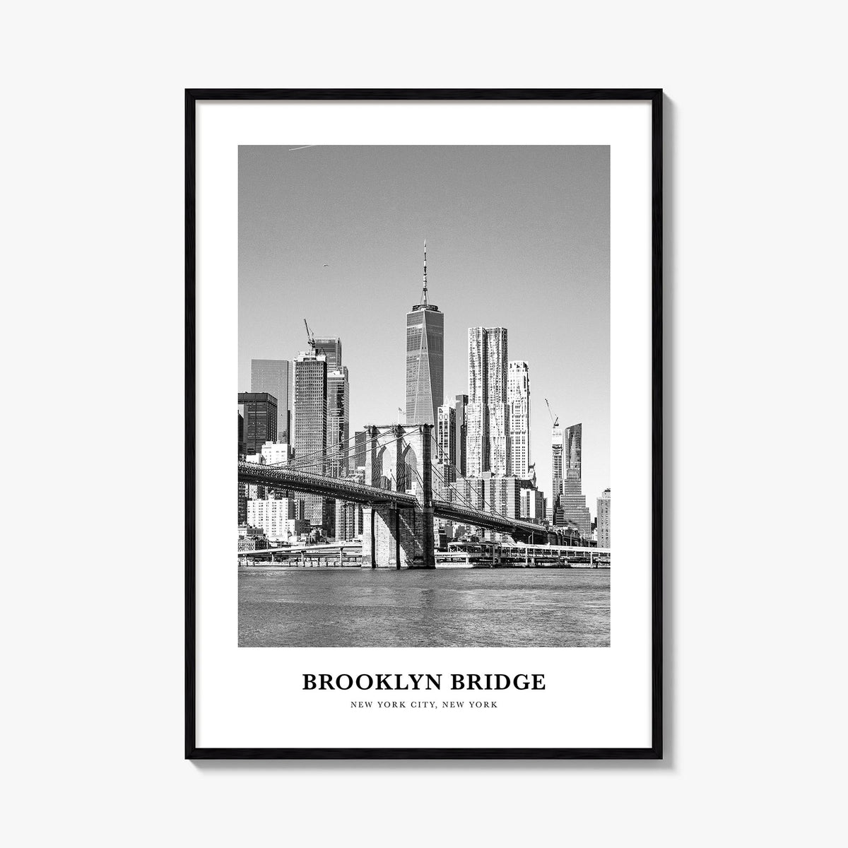 Brooklyn Bridge black & white classic poster of New York City, New York – vertical wall art, unframed print shown in interior
