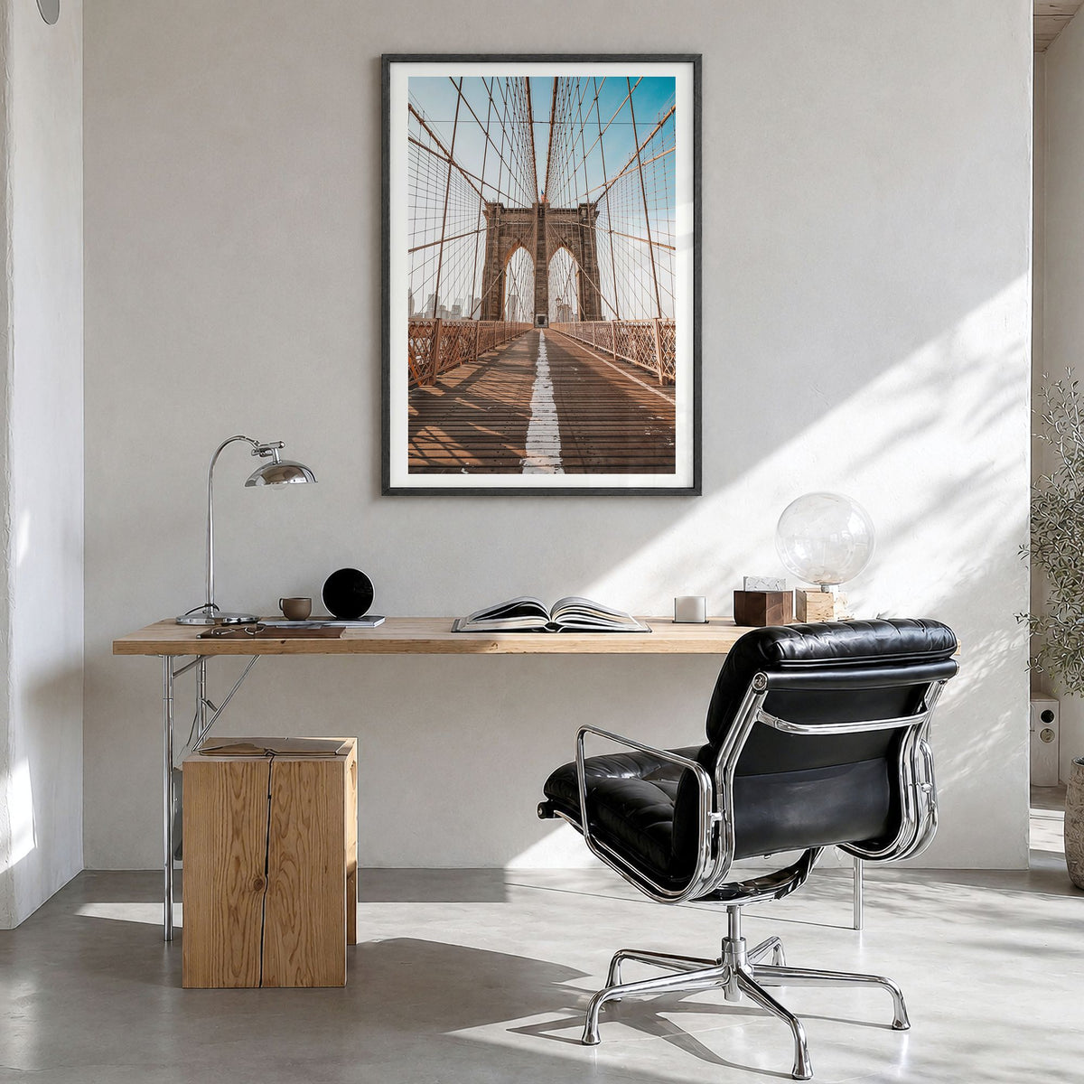 Brooklyn Bridge Photo No 2 Poster in a black wood frame, hanging in a bright home office, white border