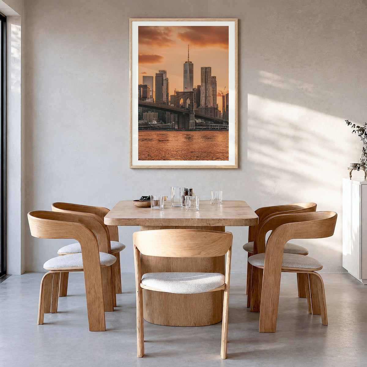 Brooklyn Bridge Photo No 3 Poster in a natural wood frame, hanging in a dining room, white border