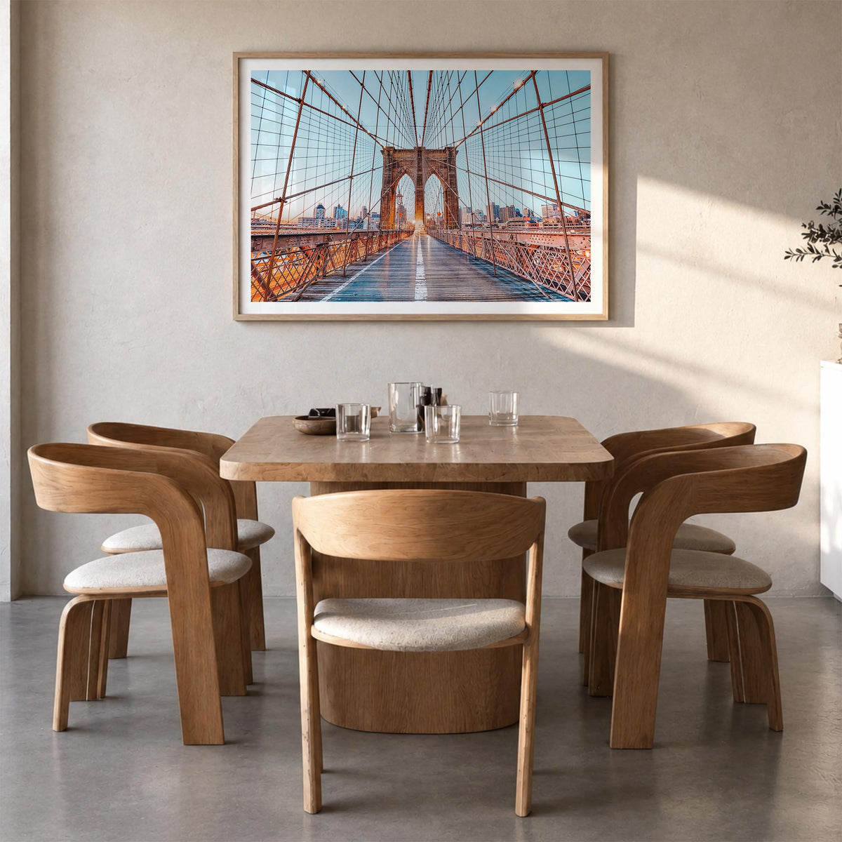 Brooklyn colorful photo poster of New York City, New York – horizontal wall art in natural wood frame with white border, hang