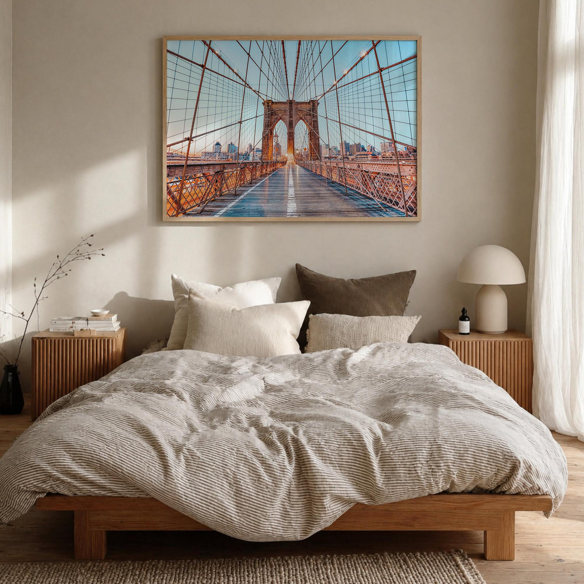 Brooklyn colorful photo poster of New York City, New York – horizontal wall art in natural wood frame, hanging on wall