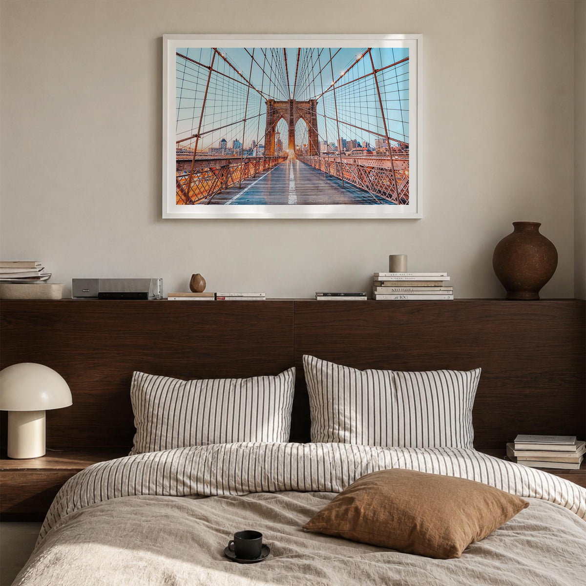 Brooklyn colorful photo poster of New York City, New York – horizontal wall art in white wood frame with white border, hangin