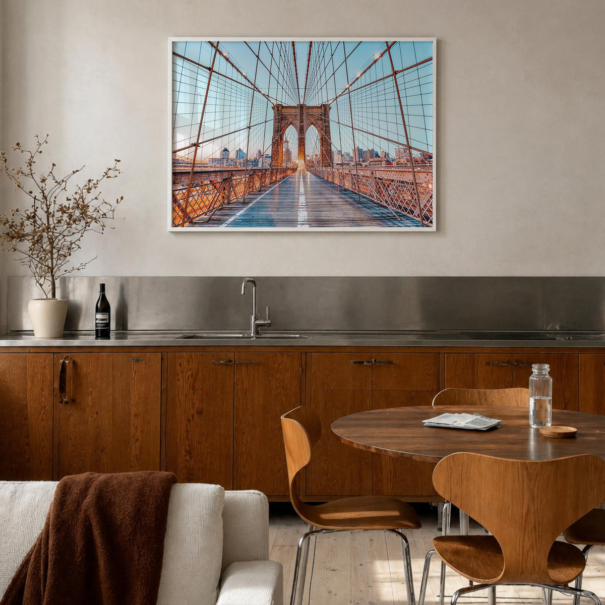 Brooklyn colorful photo poster of New York City, New York – horizontal wall art in white wood frame, hanging on wall