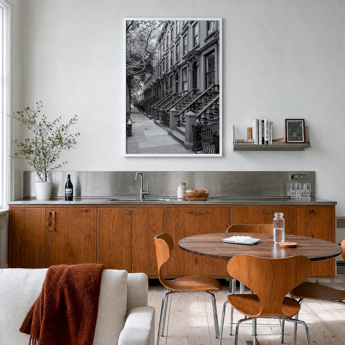 Brooklyn no. 2 black & white photo poster of New York City, New York – vertical wall art in white wood frame, hanging on wall