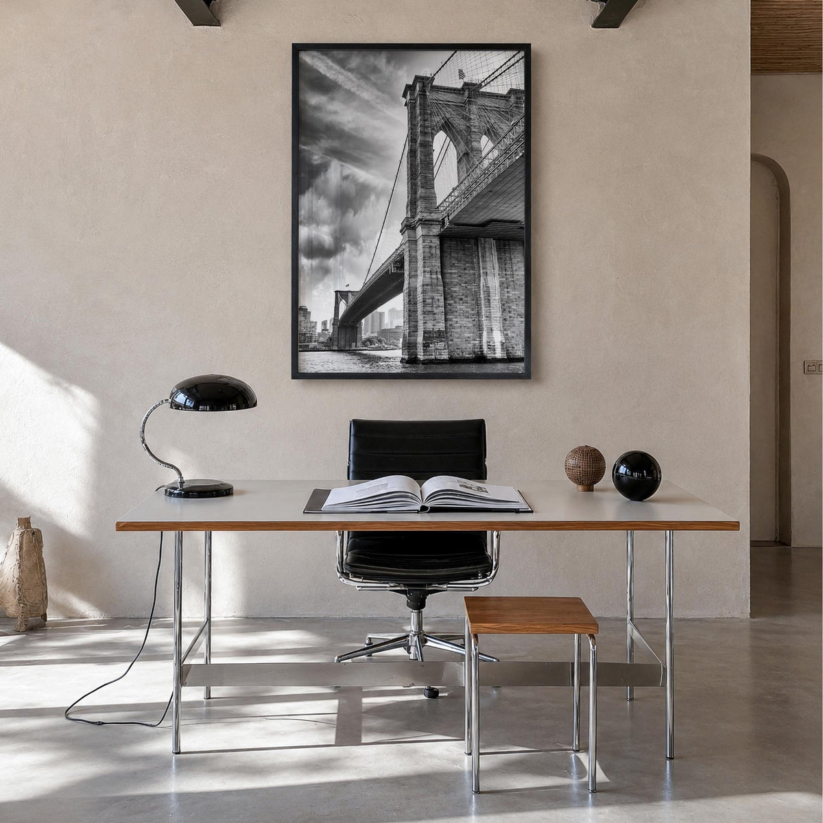 Brooklyn no. 3 black & white photo poster of New York City, New York – vertical wall art in black wood frame, hanging on wall