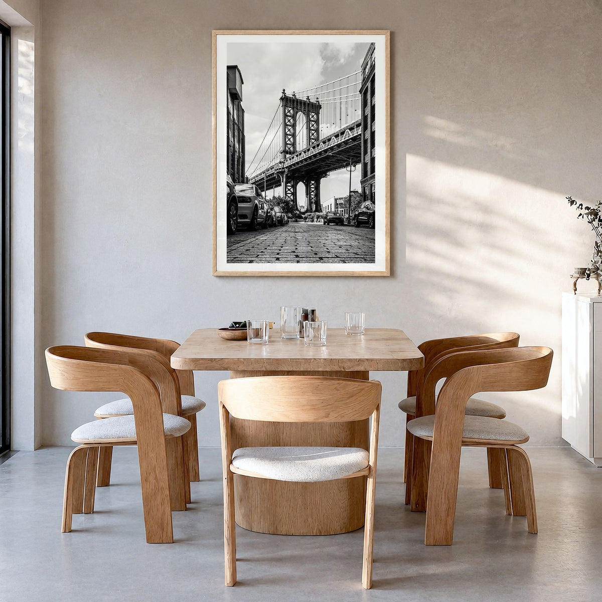 Brooklyn Photo No 1 Poster in a natural wood frame, hanging in a dining room, white border