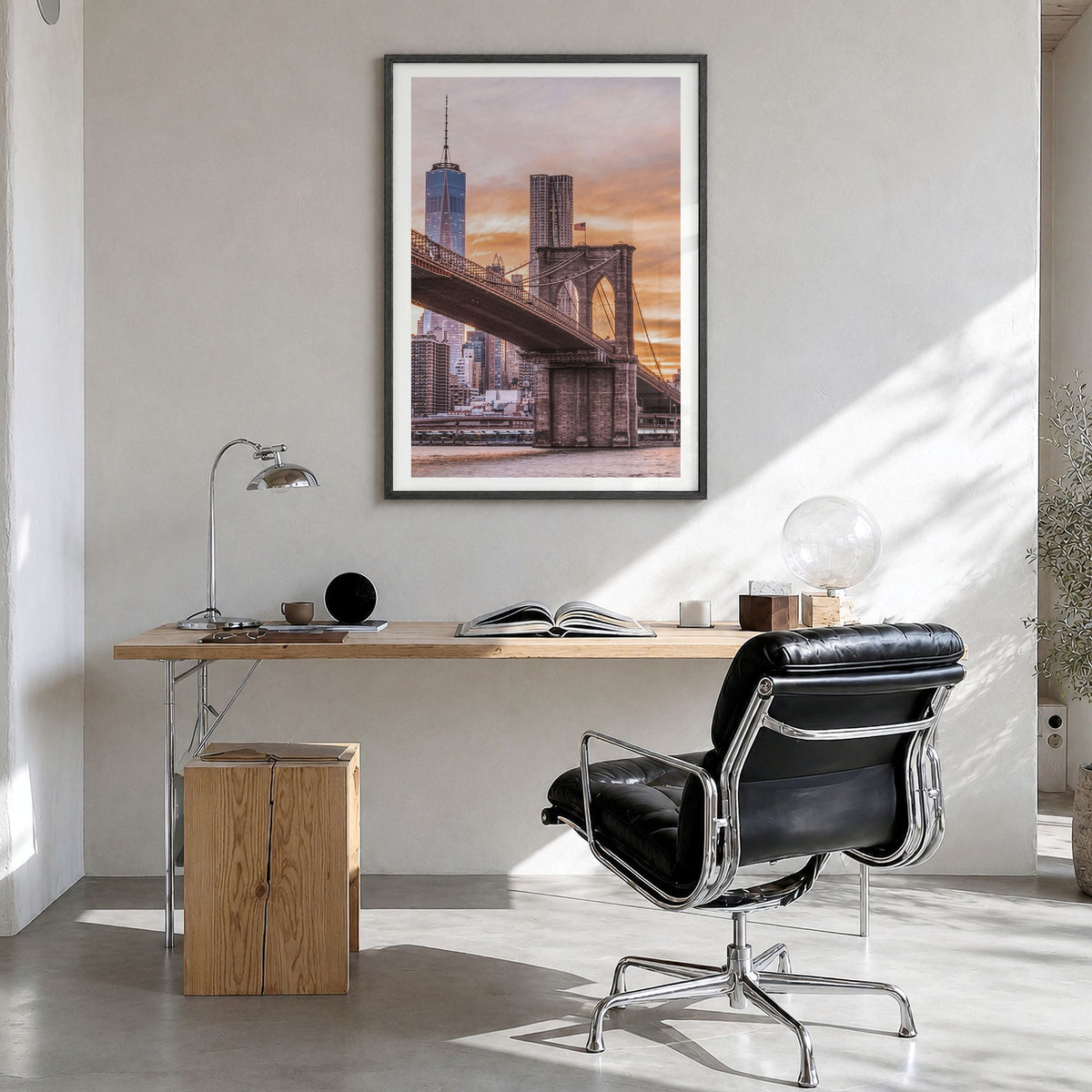 Brooklyn Photo No 2 Poster in a black wood frame, hanging in a bright home office, white border