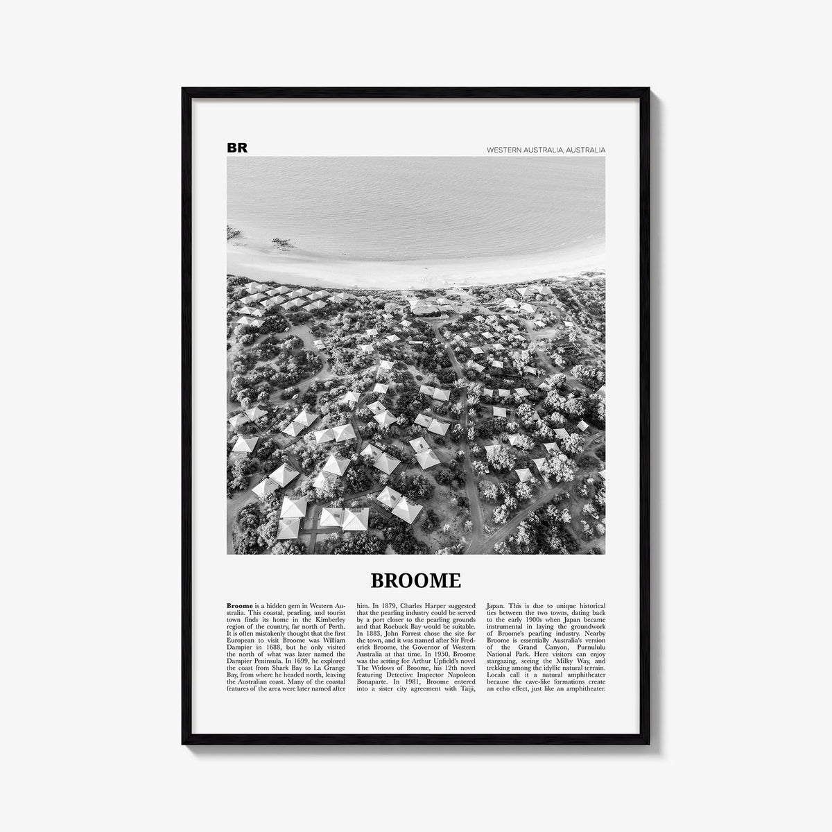 Broome black & white newspaper poster of Australia – vertical wall art, unframed print shown in interior mockup