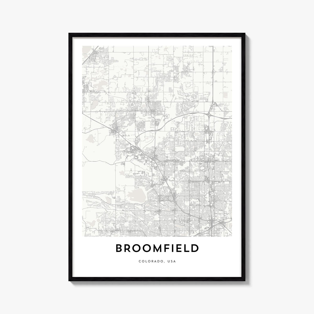 Broomfield black & white map poster of Colorado, USA – vertical wall art, unframed print shown in interior mockup