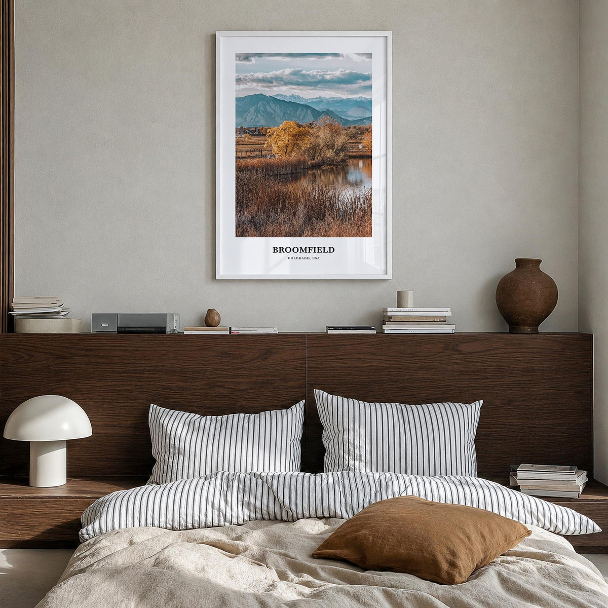Broomfield colorful classic poster of Colorado, USA – vertical wall art in white wood frame, hanging on wall