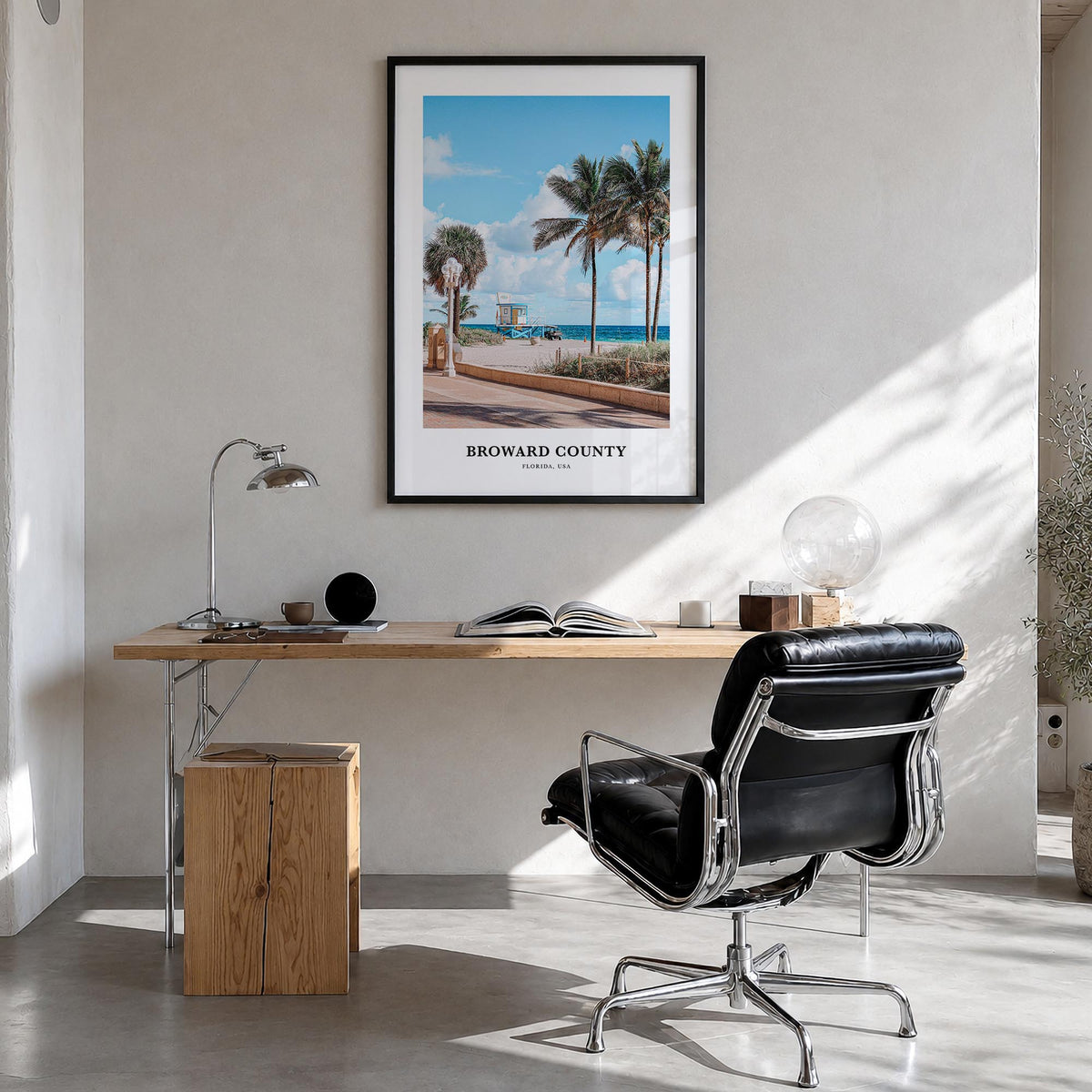 Broward County colorful classic poster of Florida, USA – vertical wall art in black wood frame, hanging on wall
