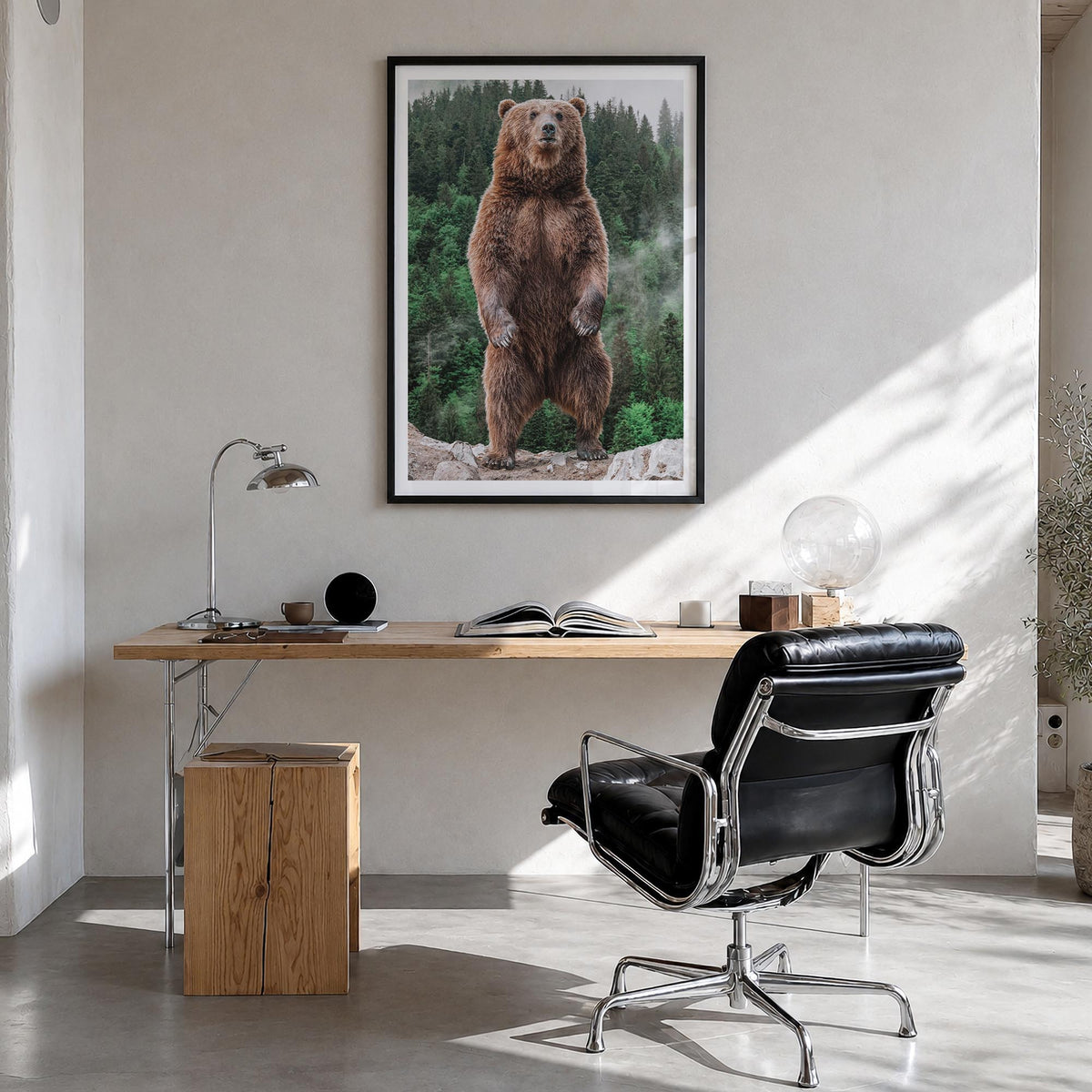 Brown Bear no. 1 colorful photo poster – vertical wall art in black wood frame with white border, hanging on wall