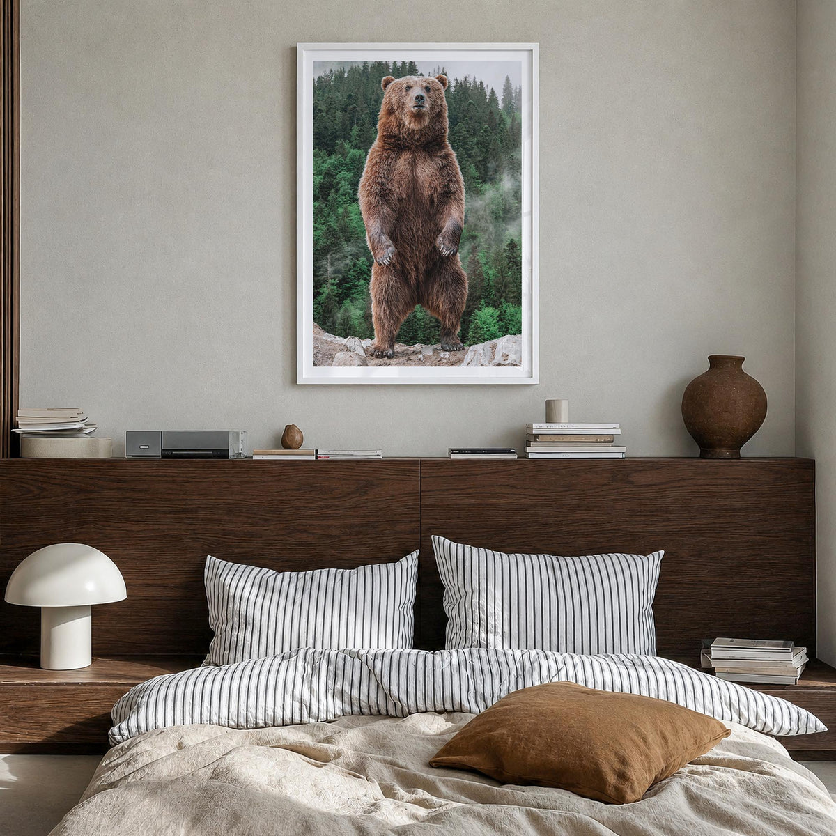 Brown Bear no. 1 colorful photo poster – vertical wall art in white wood frame with white border, hanging on wall