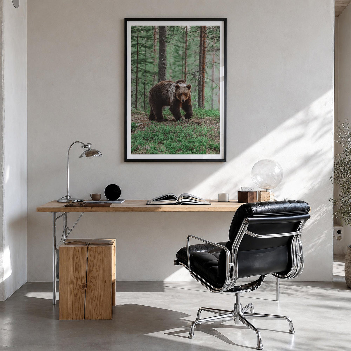 Brown Bear no. 2 colorful photo poster – vertical wall art in black wood frame with white border, hanging on wall