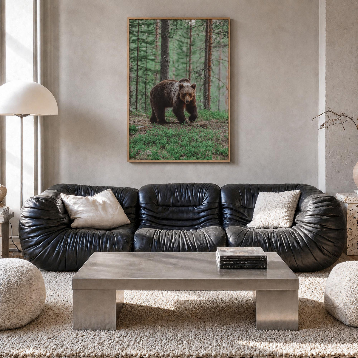 Brown Bear no. 2 colorful photo poster – vertical wall art in natural wood frame, hanging on wall