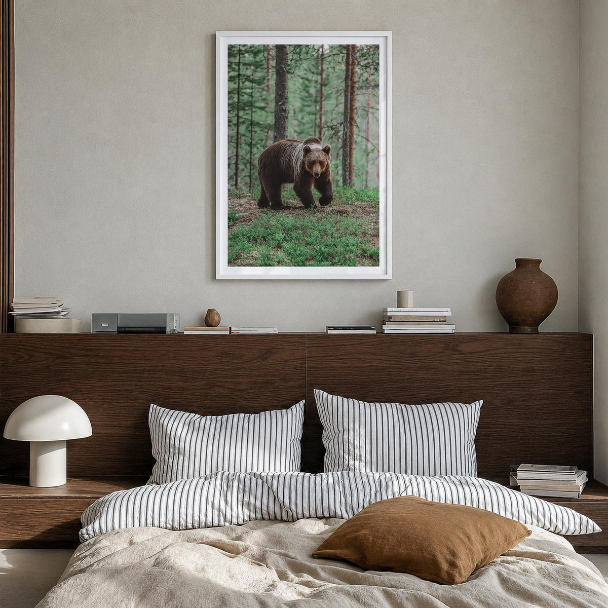 Brown Bear no. 2 colorful photo poster – vertical wall art in white wood frame with white border, hanging on wall
