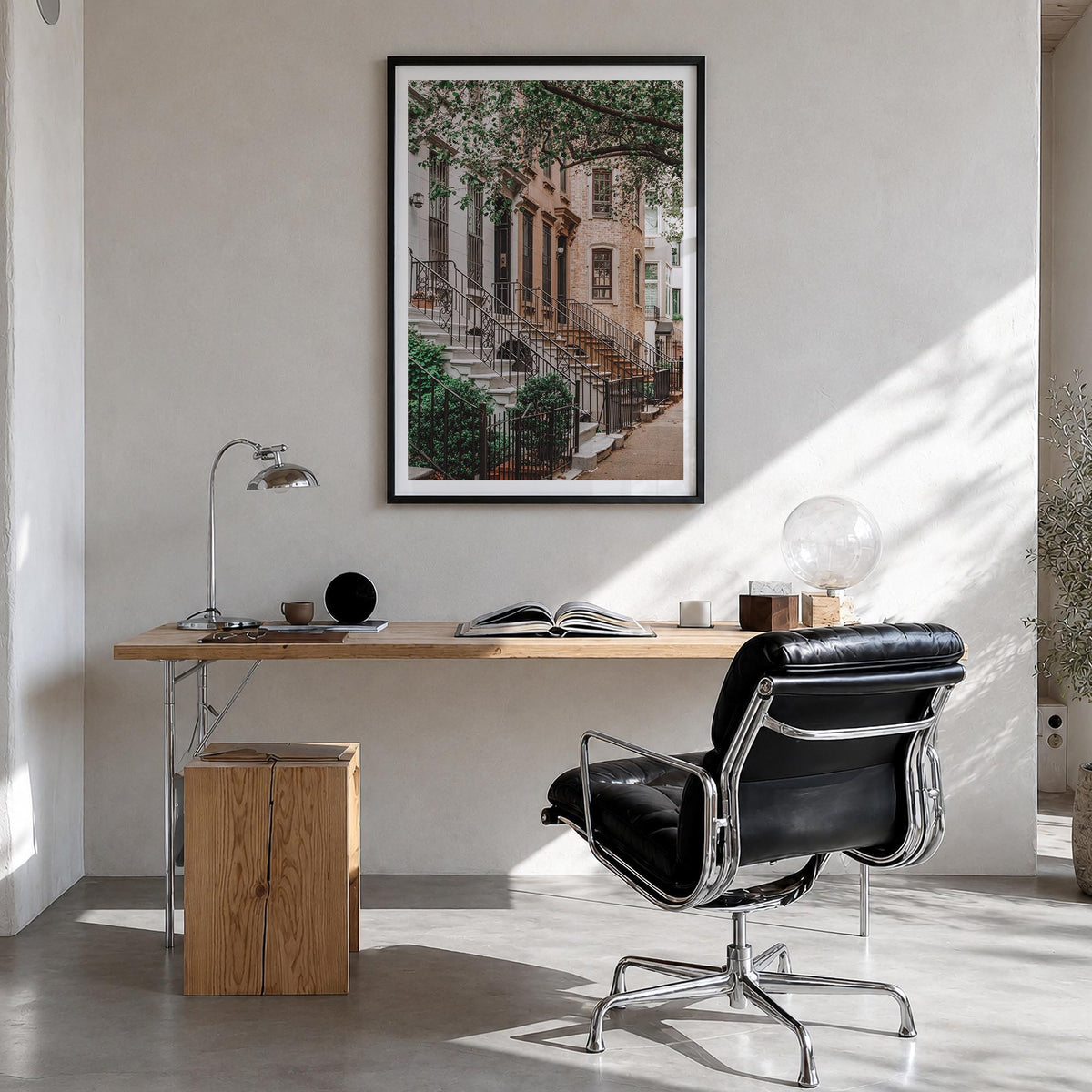 Brownstone colorful photo poster – vertical wall art in black wood frame with white border, hanging on wall
