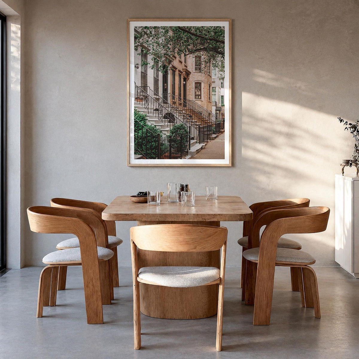 Brownstone colorful photo poster – vertical wall art in natural wood frame with white border, hanging on wall