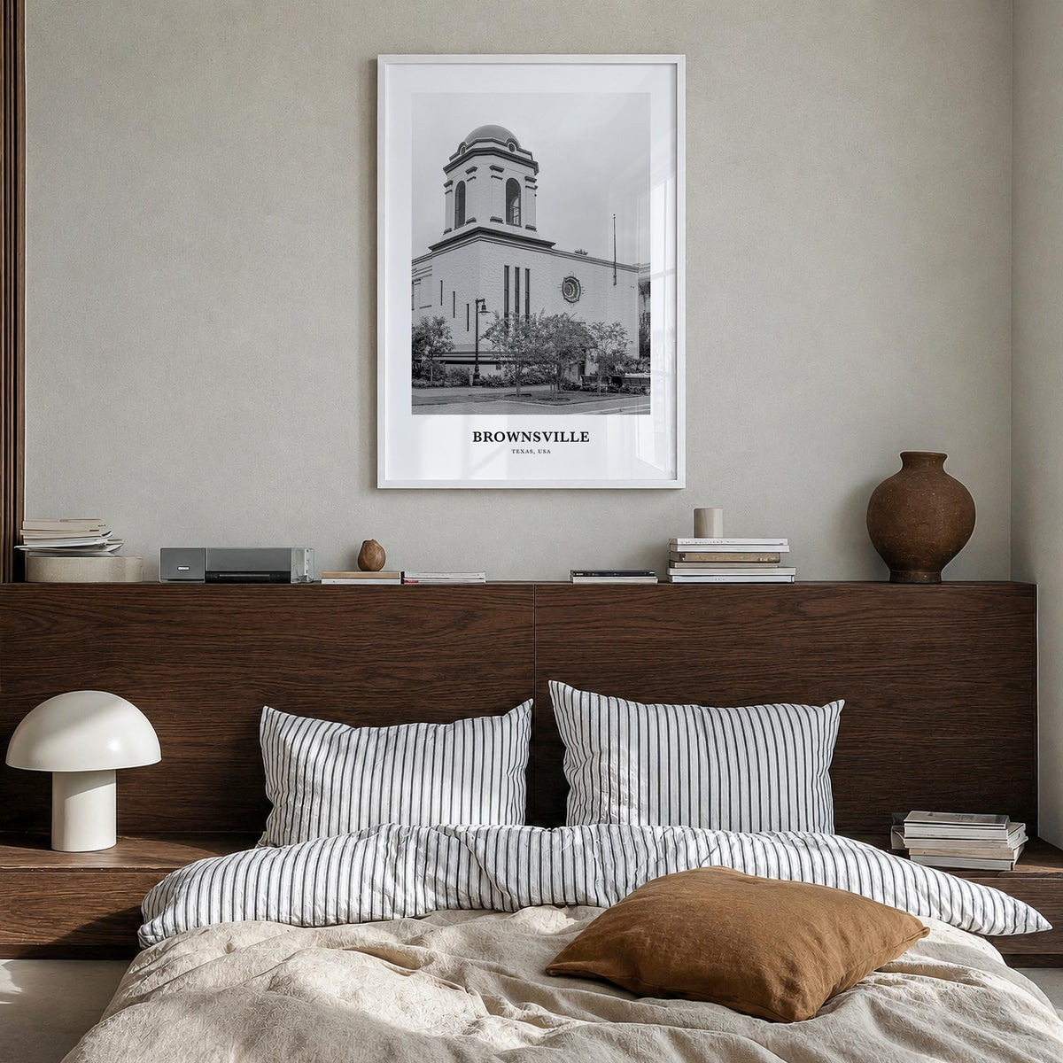Brownsville black & white classic poster of Texas, USA – vertical wall art in white wood frame, hanging on wall