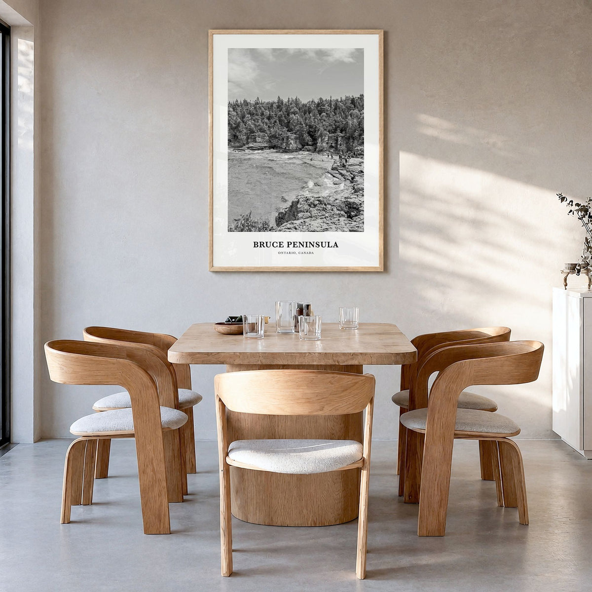 Bruce Peninsula Classic Poster in a natural wood frame, hanging in a dining room