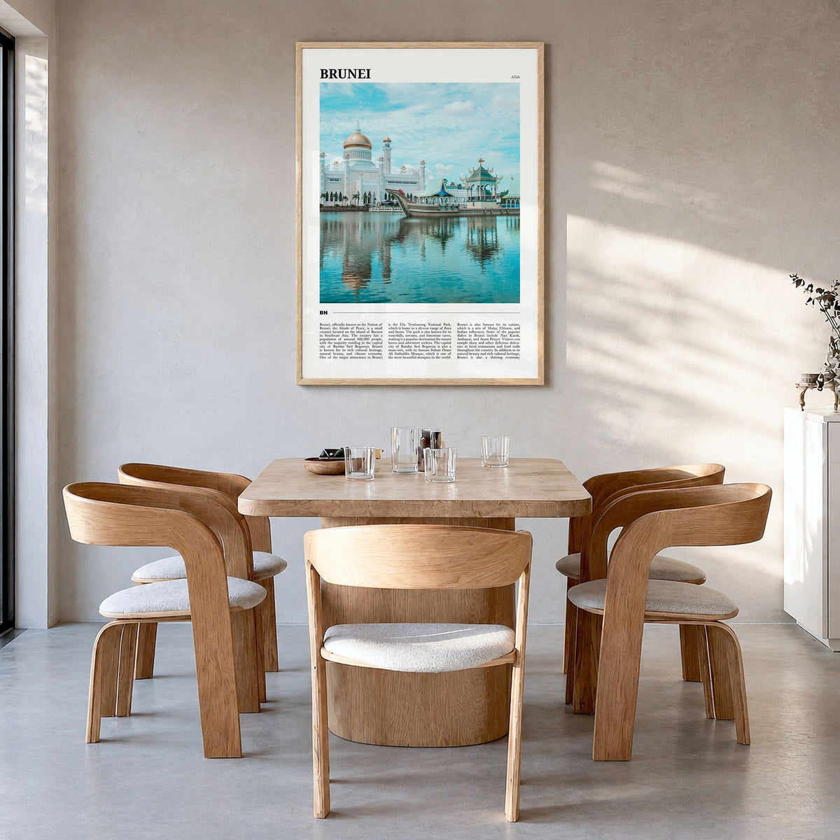 Brunei Travel Poster in a natural wood frame, hanging in a dining room