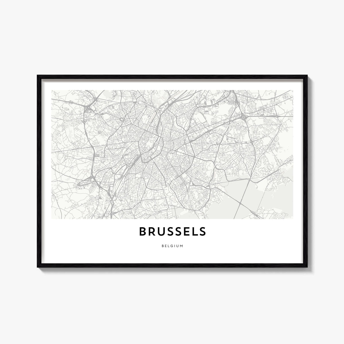 Brussels black & white map poster of Belgium – horizontal wall art, unframed print shown in interior mockup