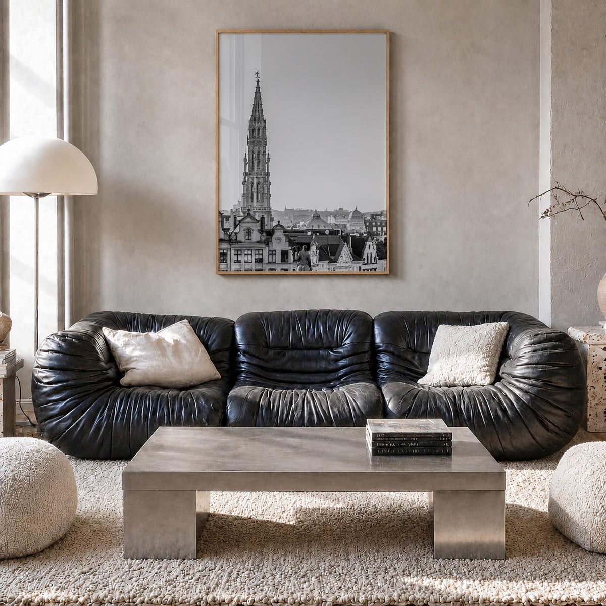 Brussels black & white photo poster of Belgium – vertical wall art in natural wood frame, hanging on wall