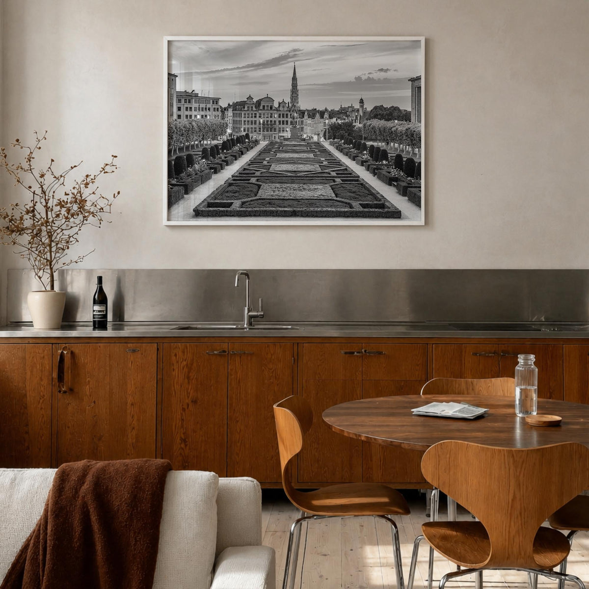 Brussels black & white photo poster of Belgium – horizontal wall art in white wood frame, hanging on wall