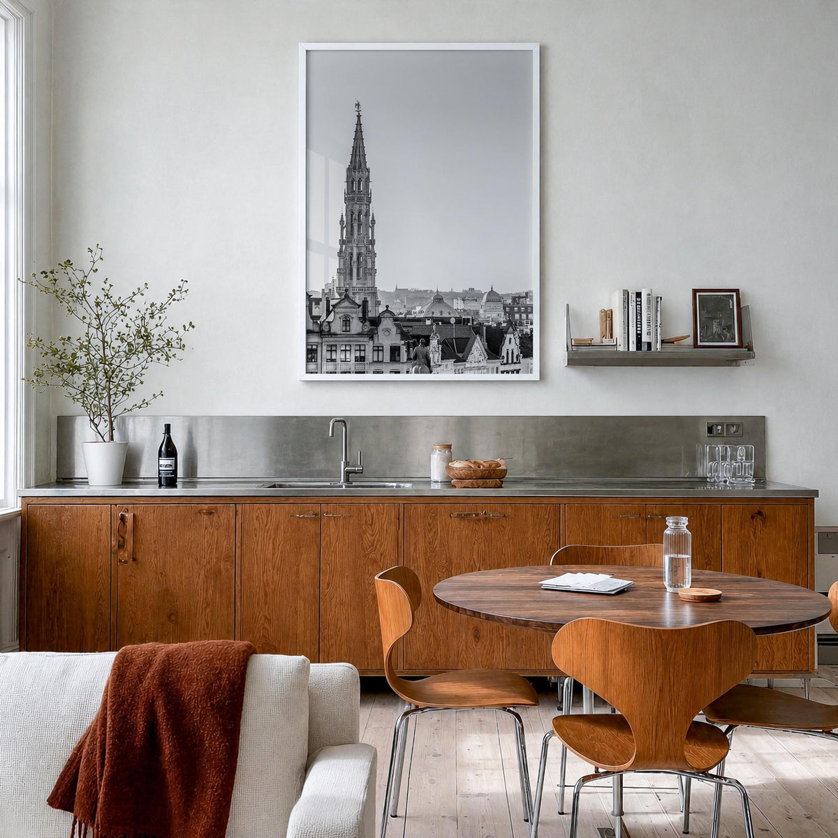 Brussels black & white photo poster of Belgium – vertical wall art in white wood frame, hanging on wall
