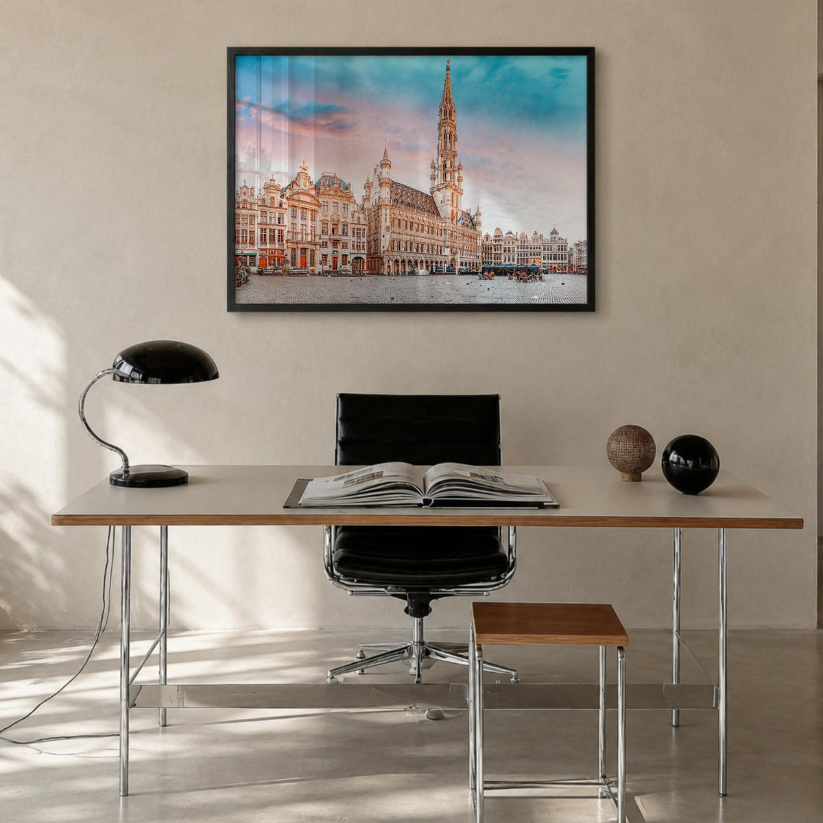 Brussels colorful photo poster of Belgium – horizontal wall art in black wood frame, hanging on wall