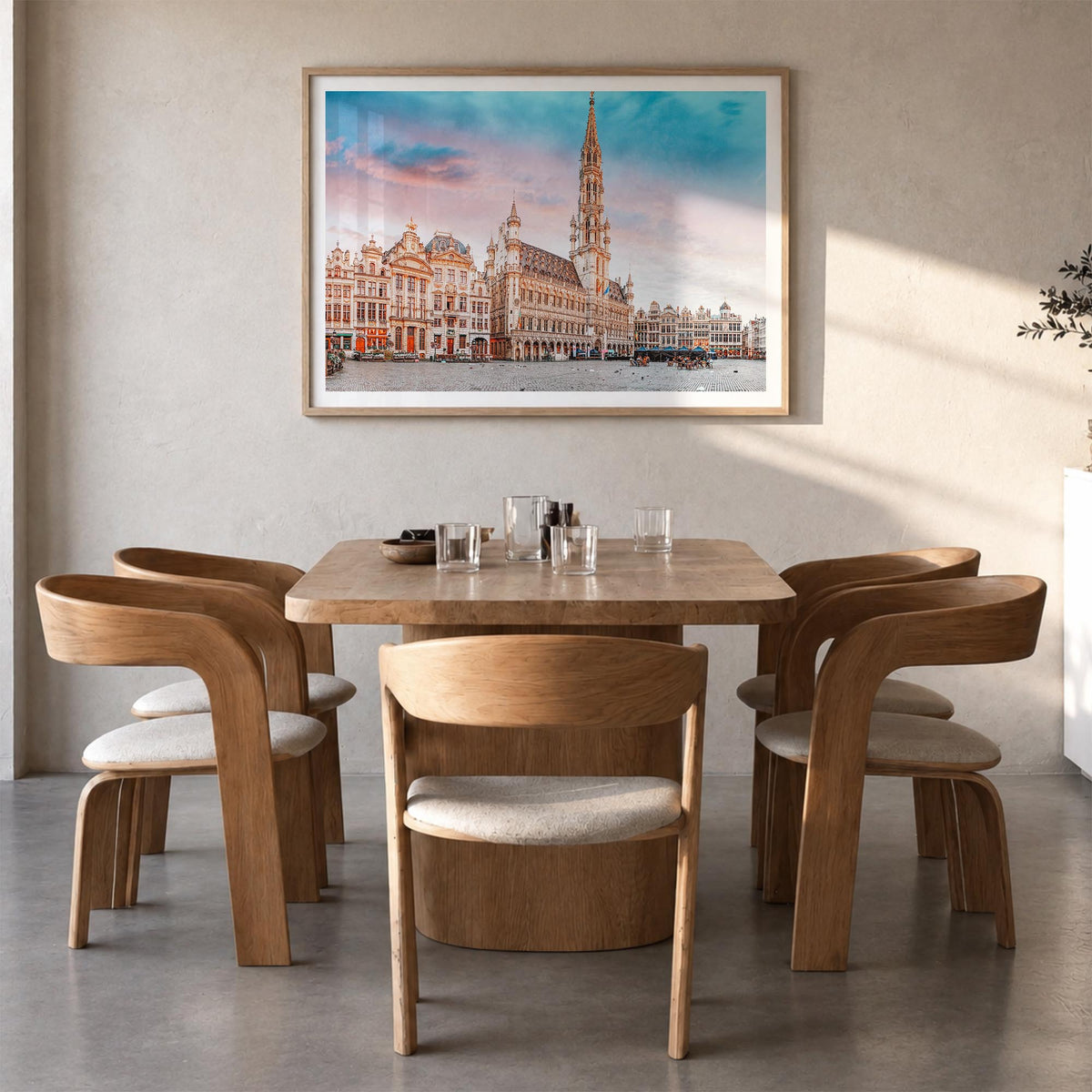 Brussels colorful photo poster of Belgium – horizontal wall art in natural wood frame with white border, hanging on wall