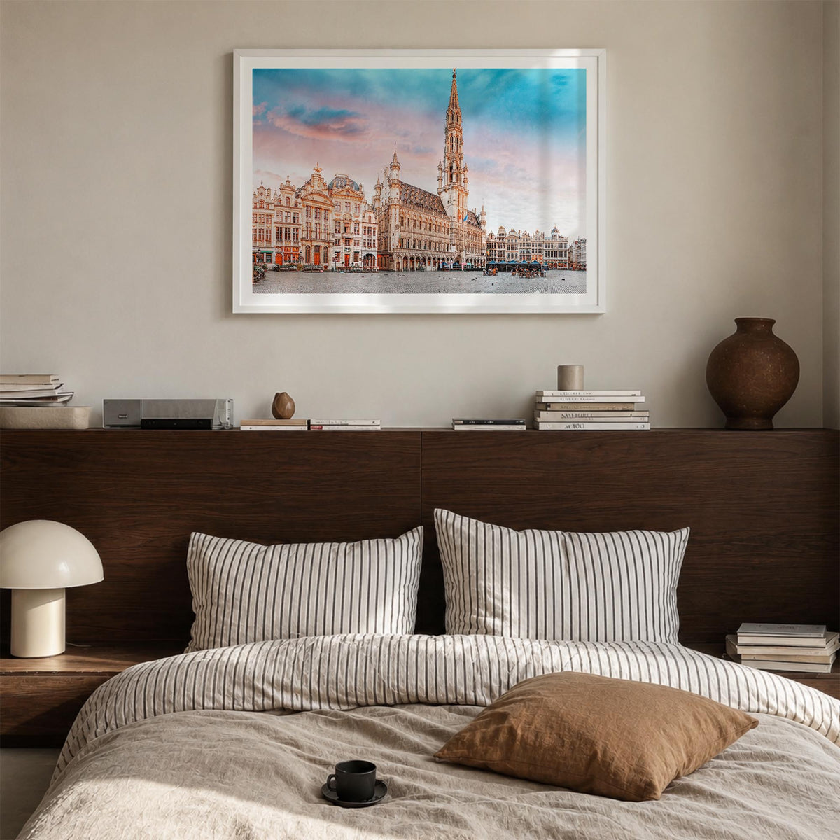 Brussels colorful photo poster of Belgium – horizontal wall art in white wood frame with white border, hanging on wall