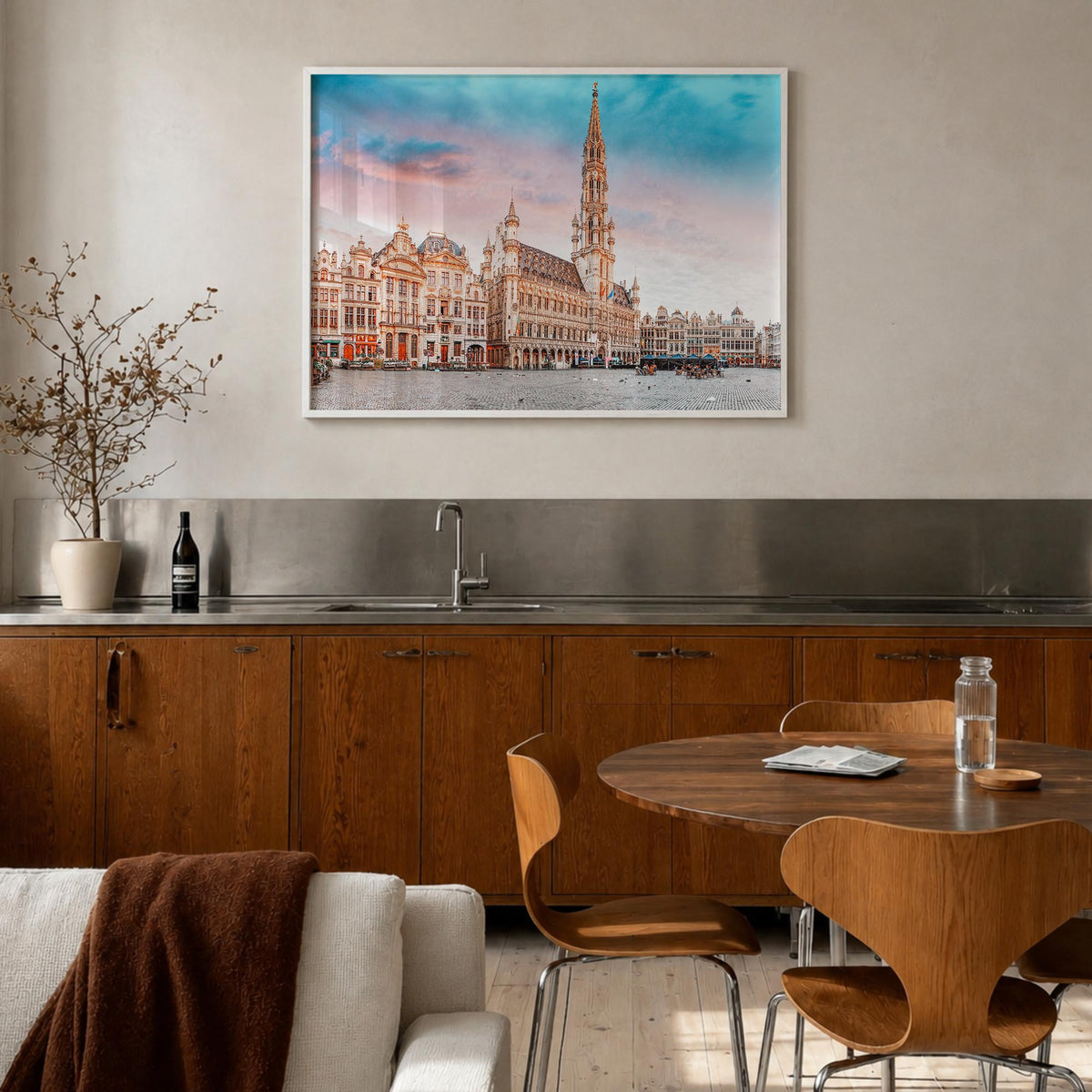 Brussels colorful photo poster of Belgium – horizontal wall art in white wood frame, hanging on wall