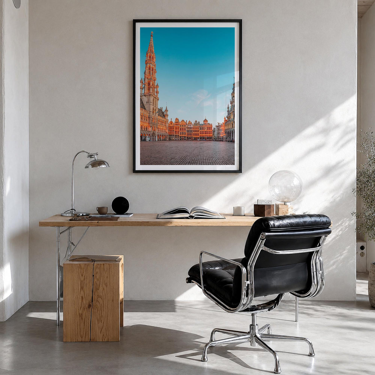 Brussels no. 1 colorful photo poster of Belgium – vertical wall art in black wood frame with white border, hanging on wall