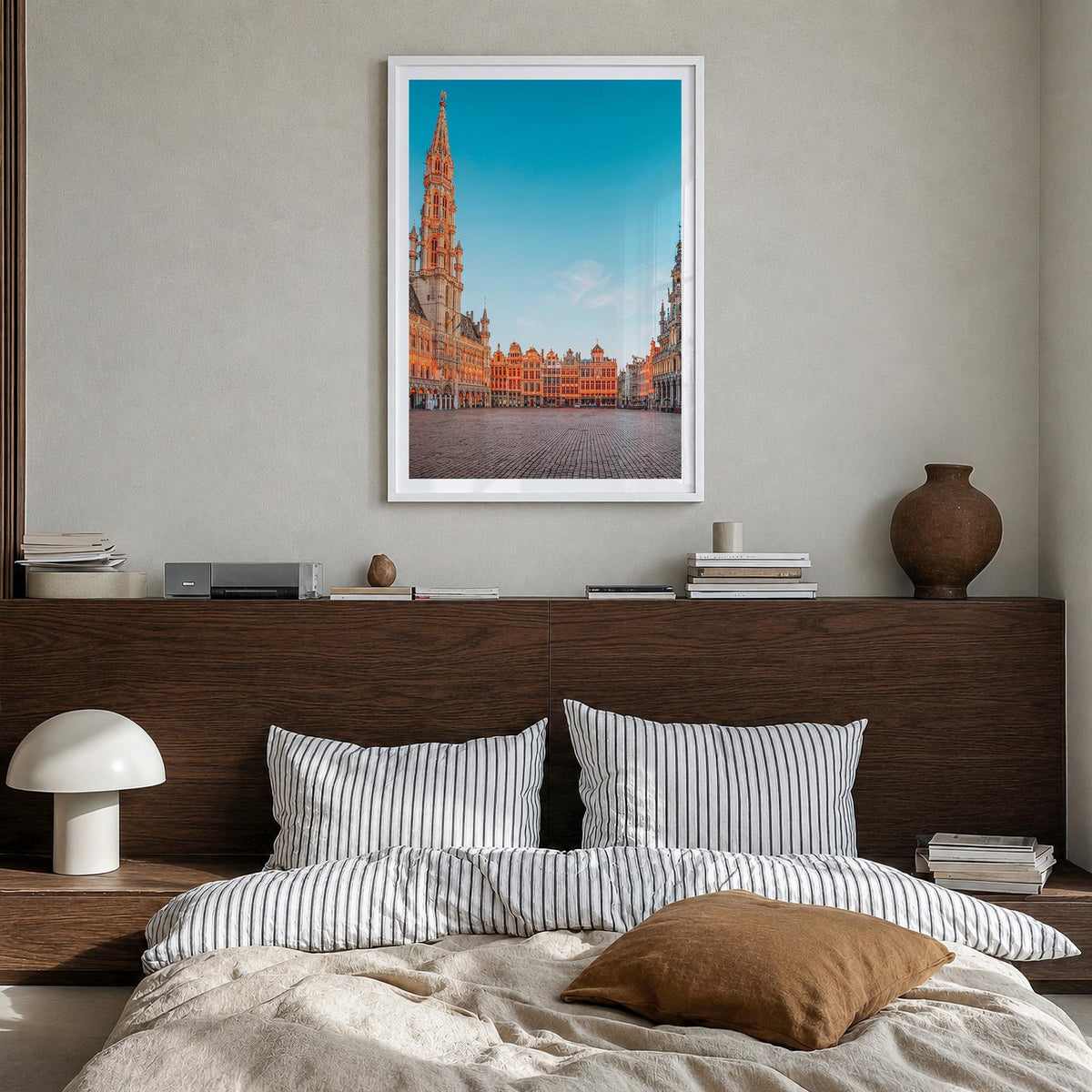 Brussels no. 1 colorful photo poster of Belgium – vertical wall art in white wood frame with white border, hanging on wall
