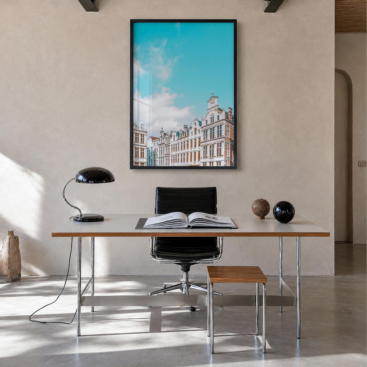 Brussels no. 2 colorful photo poster of Belgium – vertical wall art in black wood frame, hanging on wall