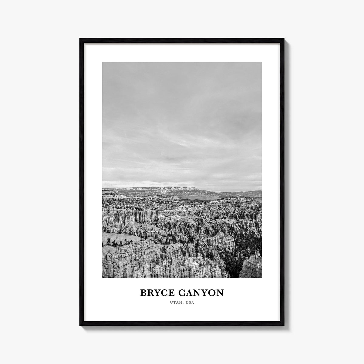 Bryce Canyon National Park black & white classic poster of Utah, USA – vertical wall art, unframed print shown in interior mo