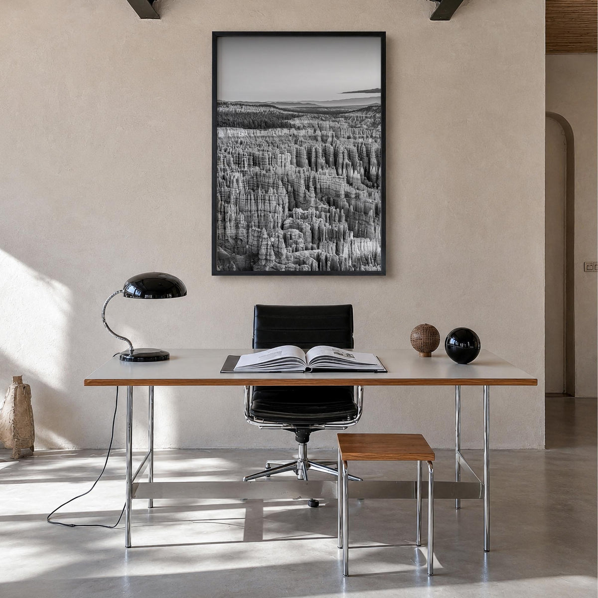 Bryce Canyon National Park black & white photo poster of Utah, USA – vertical wall art in black wood frame, hanging on wall