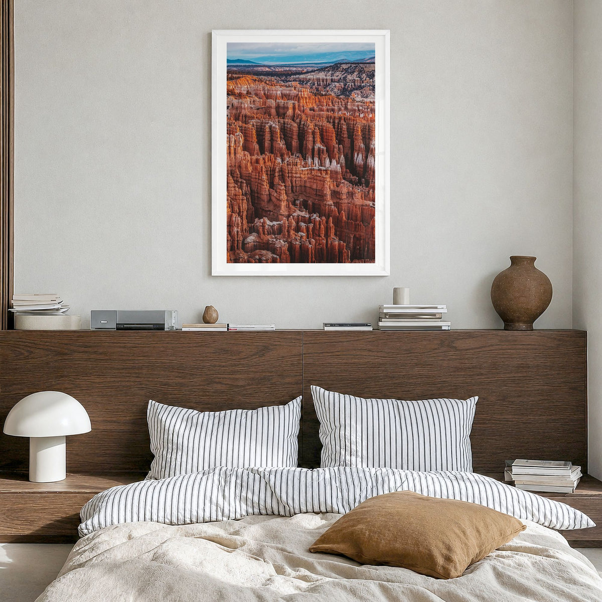Bryce Canyon National Park Photo Poster in a white wood frame, hanging in a bedroom, white border