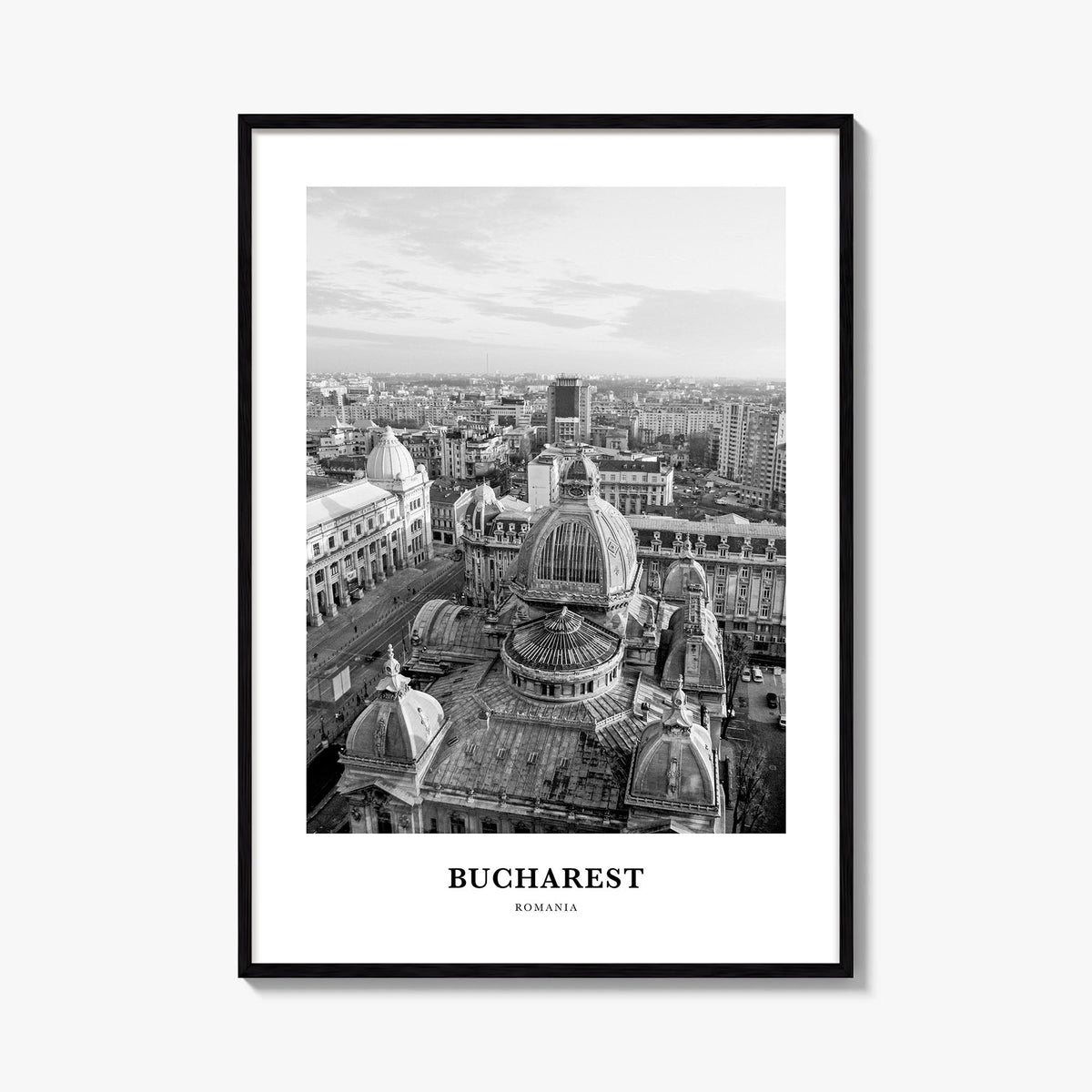 Bucharest black & white classic poster of Romania – vertical wall art, unframed print shown in interior mockup