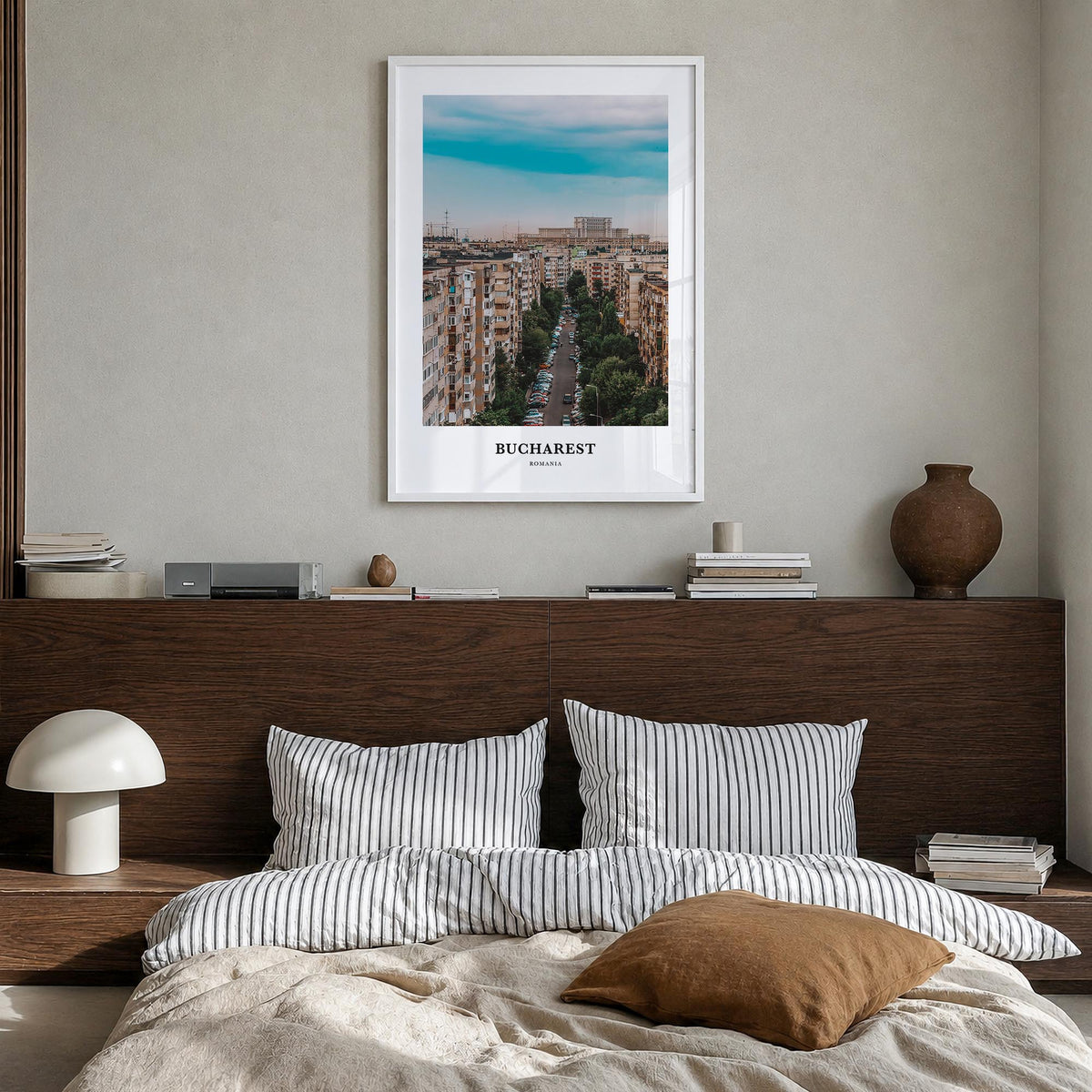 Bucharest no. 1 colorful classic poster of Romania – vertical wall art in white wood frame, hanging on wall