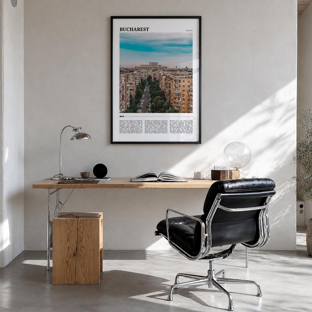 Bucharest no. 1 colorful travel poster of Romania – vertical wall art in black wood frame, hanging on wall