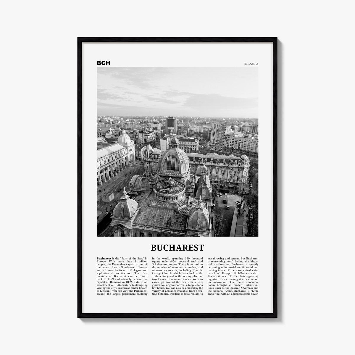 Bucharest no. 2 black & white newspaper poster of Romania – vertical wall art, unframed print shown in interior mockup