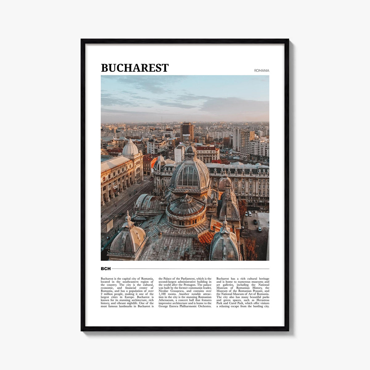 Bucharest no. 2 colorful travel poster of Romania – vertical wall art, unframed print shown in interior mockup