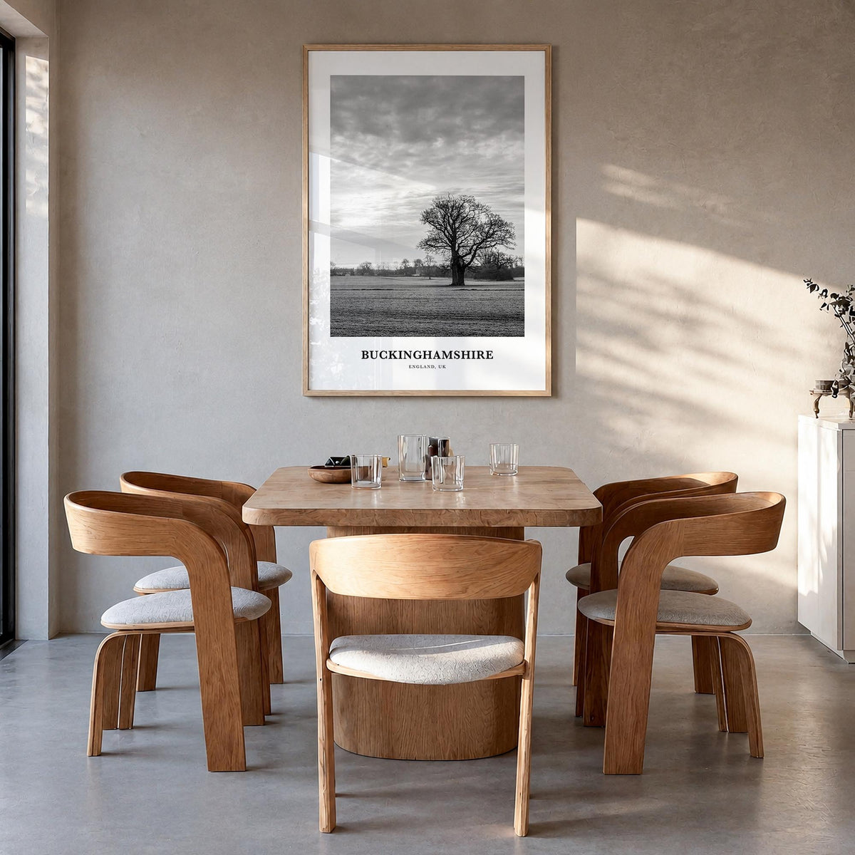 Buckinghamshire black & white classic poster of United Kingdom – vertical wall art in natural wood frame, hanging on wall