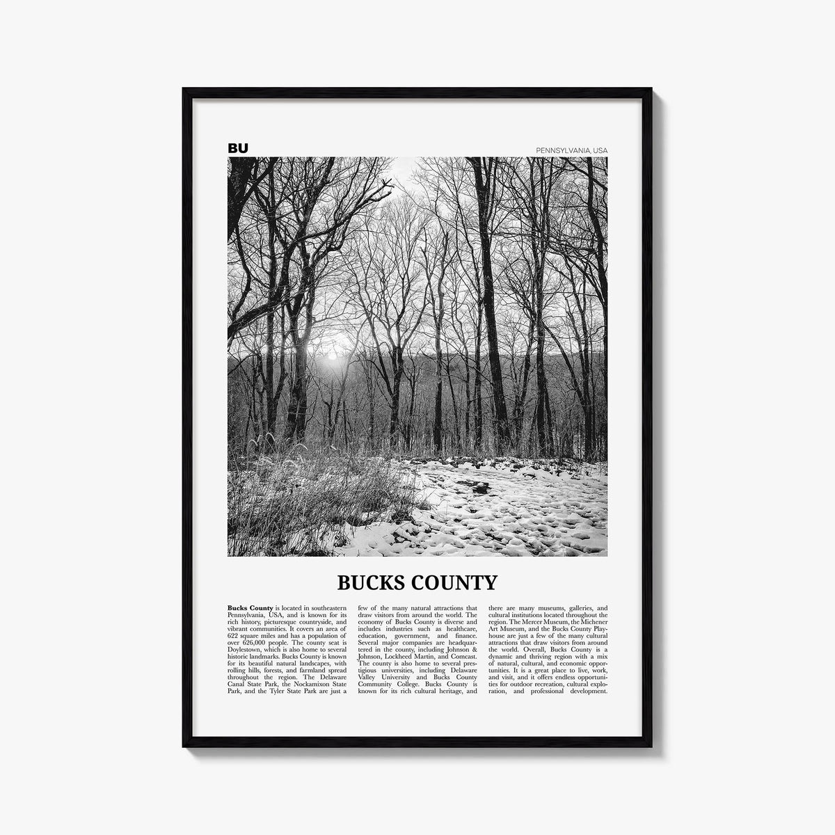 Bucks County black & white newspaper poster of Pennsylvania, USA – vertical wall art, unframed print shown in interior mockup