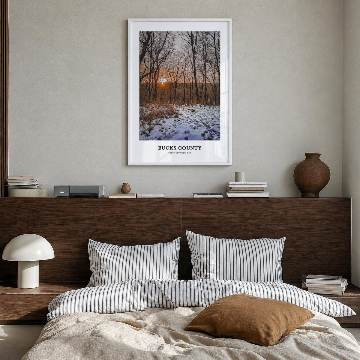Bucks County colorful classic poster of Pennsylvania, USA – vertical wall art in white wood frame, hanging on wall